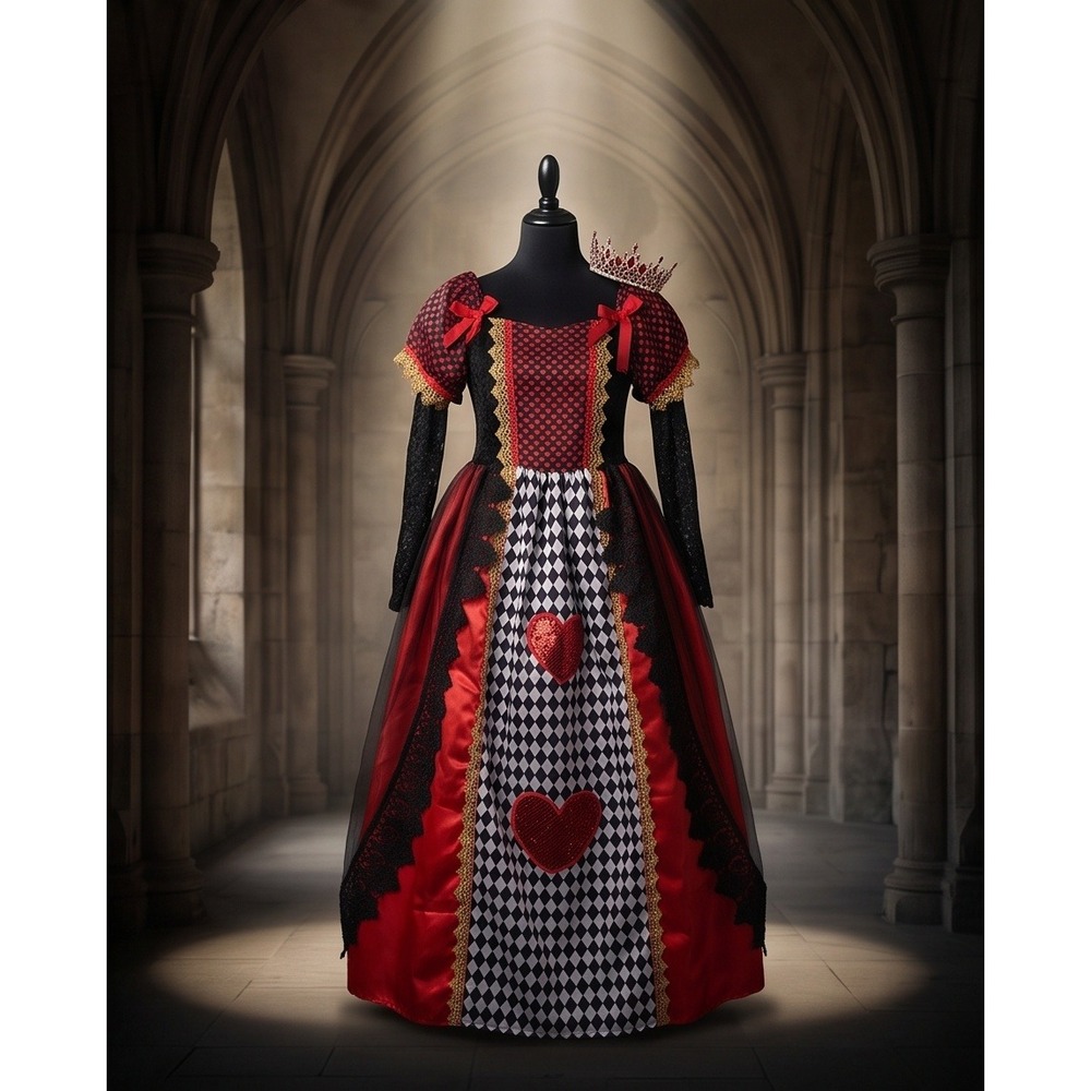 Queen of Hearts Costume Gown Red Black Lace Hearts Checkered Size 6 Halloween